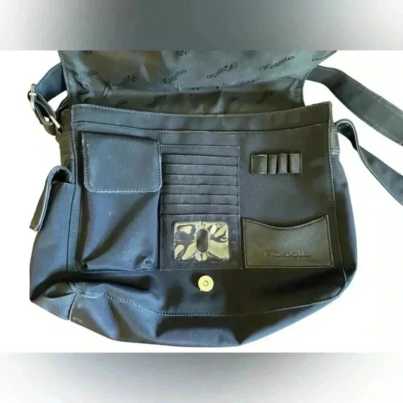 Fossil Leather Microfiber Black large Multi Pocket Shoulder Tote Messenger Bag - Picture 11 of 16